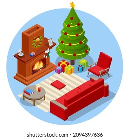 Isometrische Innenweihnachtsfeste. Glühender Weihnachtsbaum, Kamin und Geschenke. Fröhliche Familie am Heiligen Abend mit Kamin.