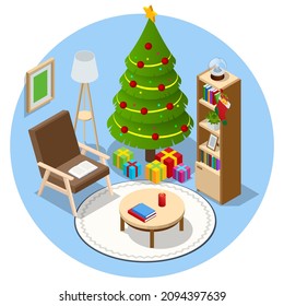 Isometric interior Christmas. Glowing Christmas tree and gifts. Happy family by fireplace on Christmas Eve.