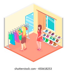 Isometric interior of clothes shop. Flat 3D illustration.