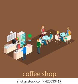 Isometric Interior Of Coffee Shop. 