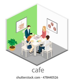 Isometric interior of coffee shop. flat 3D isometric design interior cafe or restaurant. People sit at tables and eat. Concept illustration of the room.