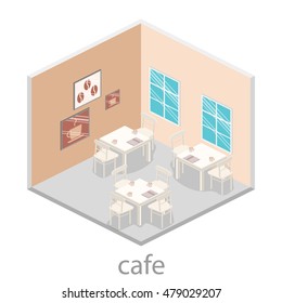 Isometric interior of coffee shop. flat 3D isometric design interior cafe or restaurant. Concept illustration of the room.
