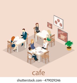 Isometric interior of coffee shop. flat 3D isometric design interior cafe or restaurant. People sit at tables and eat. Concept illustration of the room.