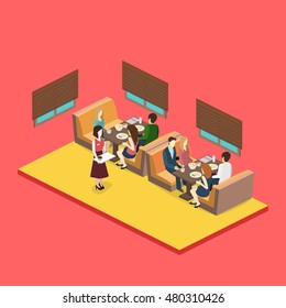 Isometric interior of coffee shop. flat 3D isometric design interior cafe or restaurant. People sit at tables and eat. Concept illustration of the room.