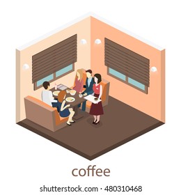 Isometric interior of coffee shop. flat 3D isometric design interior cafe or restaurant. People sit at tables and eat. Concept illustration of the room.
