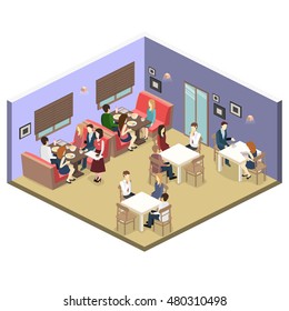 Isometric interior of coffee shop. flat 3D isometric design interior cafe or restaurant. People sit at tables and eat. Concept illustration of the room.