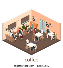 Isometric interior of coffee shop. flat 3D isometric design interior cafe or restaurant. People sit at tables and eat. Concept illustration of the room.