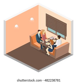 Isometric interior of coffee shop. flat 3D isometric design interior cafe or restaurant. People sit at tables and eat. Concept illustration of the room.