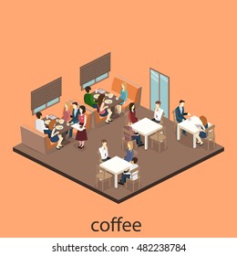 Isometric interior of coffee shop. flat 3D isometric design interior cafe or restaurant. People sit at tables and eat. Concept illustration of the room.