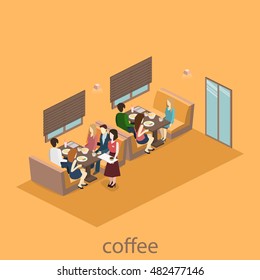 Isometric interior of coffee shop. flat 3D isometric design interior cafe or restaurant. People sit at tables and eat. Concept illustration of the room.