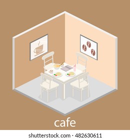 Isometric interior of coffee shop. flat 3D isometric design interior cafe or restaurant. Concept illustration of the room.