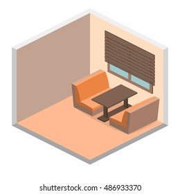 Isometric interior of coffee shop. Flat 3D illustration.