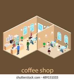 Isometric interior of coffee shop. flat 3D isometric design interior cafe or restaurant. People sit at tables and eat. Concept illustration of the room.