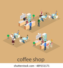 Isometric interior of coffee shop. flat 3D isometric design interior cafe or restaurant. People sit at tables and eat. Concept illustration of the room.