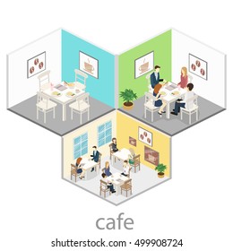 Isometric interior of coffee shop. flat 3D isometric design interior cafe or restaurant. People sit at tables and eat. Concept illustration of the room.