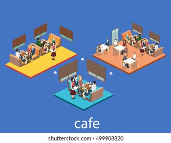 Isometric interior of coffee shop. flat 3D isometric design interior cafe or restaurant. People sit at tables and eat. Concept illustration of the room.