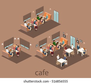 Isometric interior of coffee shop. flat 3D isometric design interior cafe or restaurant. People sit at tables and eat. Concept illustration of the room.