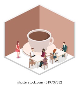 Isometric interior of coffee shop. flat 3D isometric design interior cafe or restaurant. People sit at tables and eat. Concept illustration of the room.