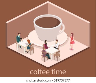 Isometric interior of coffee shop. flat 3D isometric design interior cafe or restaurant. People sit at tables and eat. Concept illustration of the room.