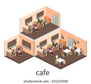 Interior isométrico de la cafetería. café interior o restaurante de diseño isométrico plano en 3D. La gente se sienta en las mesas y come. Ilustración conceptual de la habitación.