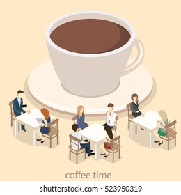 Isometric interior of coffee shop. flat 3D isometric design interior cafe or restaurant. People sit at tables and eat. Concept illustration of the room.