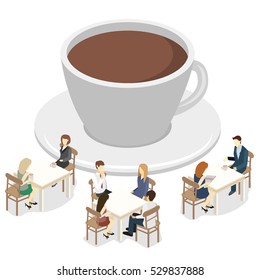 Isometrisches Interieur des Kaffeehauses. Wohnung 3D isometrisches Design Interieur Café oder Restaurant. Die Leute sitzen an Tischen und essen. Konzeptgrafik des Raumes.