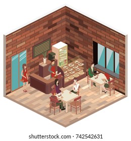 Isometric interior of coffee shop. flat 3D isometric design interior cafe or restaurant. People sit at tables and eat. Concept illustration of the room.