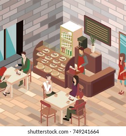 Isometric interior of coffee shop. flat 3D isometric design interior cafe or restaurant. People sit at tables and eat. Concept illustration of the room.