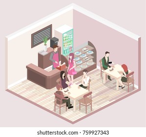 Isometric interior of coffee shop. flat 3D isometric design interior cafe or restaurant. People sit at tables and eat. Concept illustration of the room.