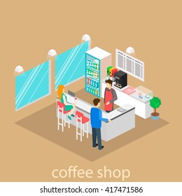 Isometric interior of a coffee shop. People sit at the table and eating.