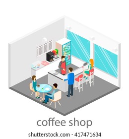 Isometric interior of a coffee shop. People sit at the table and eating.