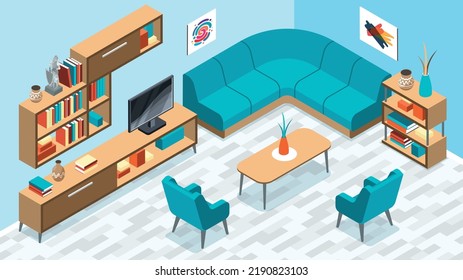 Isometric interior composition with indoor scenery of living room with corner sofa books table and chairs vector illustration