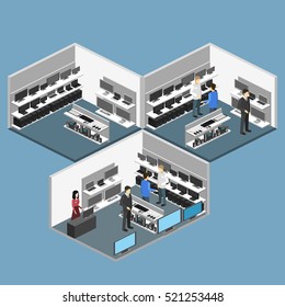 Isometric interior of Computer store. Flat 3D vector illustration.