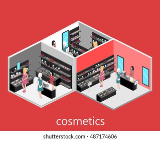 Isometric interior of cosmetics shop. Flat 3D vector illustration.