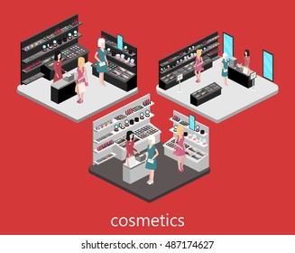 Isometric interior of cosmetics shop. Flat 3D vector illustration.