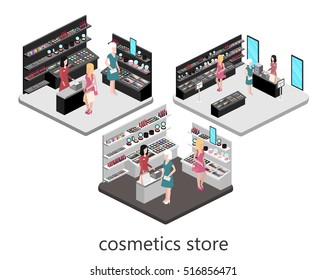 Isometric interior of cosmetics shop. Flat 3D vector illustration.