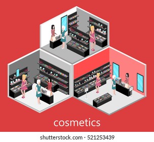 Isometric interior of cosmetics shop. Flat 3D vector illustration.