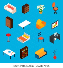 Isometric interior decorative 3d icons set with desk armchair bookshelf isolated vector illustration