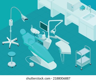 Isometric interior of dental clinic office with chair unit sink bleaching light 3d vector illustration