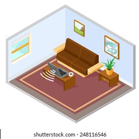 An Isometric interior depicting working from home. Working From Home Room Interior. Working from Home.