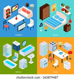 Isometric interior design concept set with living room bedroom bathroom and kitchen 3d icons isolated vector illustration