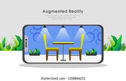 Isometric interior design connected with smartphone device, Augmented reality Concept website template for web page.