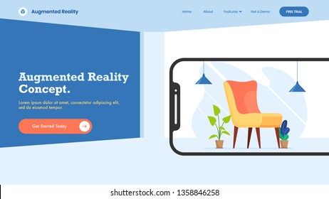 Isometric interior design connected with smartphone device, Augmented reality Concept website template for web page.