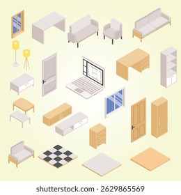 Projeto de design de interiores isométrico conjunto com casa mobiliário vetor ilustração ideia de amostras de madeira estilo de mesa elementos inspiração 