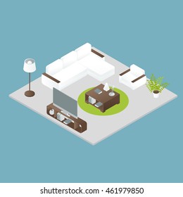 Isometric interior design of white soft furniture round green carpet grey floor on blue background vector illustration