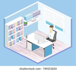 isometric interior of director's office. Flat 3D illustration of cabinet.