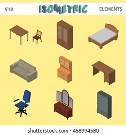 Isometric interior elements, furniture, sofa, chair, table, desk, office chair, shelf, cupboards