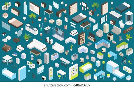 Isometric Interior Elements Set With Furniture Appliances Items Of Bedroom Bathroom Kitchen Home Office Living Rooms Isolated Vector Illustration