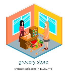 Isometric interior of grocery store. Shopping mall flat 3d  isometric vector illustration.