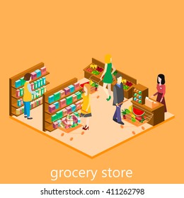 Isometric interior of grocery store. Shopping mall flat 3d  isometric vector illustration.
